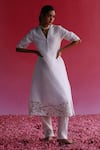 Taisha_White Kurta Pure Linen Silk Handloom Woven Zari V Neck Palash Border Set _Online_at_Aza_Fashions