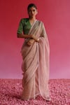 Buy_Taisha_Pink Saree Pure Crushed Zari Tissue Embroidery Sharad Border With Blouse _at_Aza_Fashions