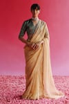 Buy_Taisha_Yellow Embroidery Thread Sharad Crushed Zari Tissue Silk Saree With Petticoat _at_Aza_Fashions