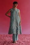 Taisha_Blue Pure Linen Silk Handloom Woven Sequin Round Neck Pushti Jacket Kurta _Online_at_Aza_Fashions