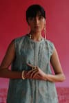 Buy_Taisha_Blue Pure Linen Silk Handloom Woven Sequin Round Neck Pushti Jacket Kurta _Online_at_Aza_Fashions