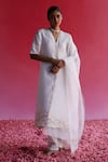 Shop_Taisha_White Linen, Silk Sequins, Zari V-neck Palash Pure Handloom Kurta _Online_at_Aza_Fashions