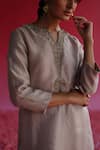 Shop_Taisha_Grey Pure Zari Tissue Silk Placement Kaljo Flower Placket Kurta  _Online_at_Aza_Fashions