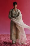 Taisha_Green Linen, Silk Sequins V-neck Gulbag Rosette Pattern Kurta _Online_at_Aza_Fashions