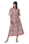 Gaya_Multi Color Linen Printed Floral Notched Midi Dress _Online_at_Aza_Fashions