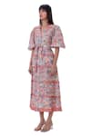 Buy_Gaya_Multi Color Linen Printed Floral Notched Midi Dress _Online_at_Aza_Fashions