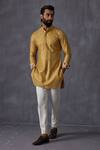 Buy_Arjan Dugal_Yellow Chanderi Silk, Satin, Embroidery Kurta And Pant Set _Online_at_Aza_Fashions