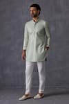 Buy_Arjan Dugal_Green Chanderi Silk, Cotton Satin, Cotton, Lycra Embroidery Sage Kurta Set _at_Aza_Fashions