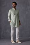 Buy_Arjan Dugal_Green Chanderi Silk, Cotton Satin, Cotton, Lycra Embroidery Sage Kurta Set _Online_at_Aza_Fashions