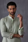 Shop_Arjan Dugal_Green Chanderi Silk, Cotton Satin, Cotton, Lycra Embroidery Sage Kurta Set _Online_at_Aza_Fashions