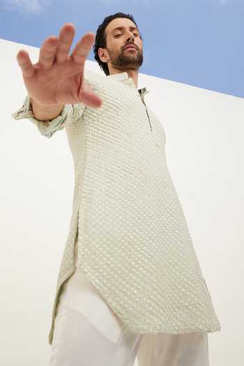 Buy_Arjan Dugal_Green Silk Organza, Cotton, Lycra Embroidery Angular Stripe Kurta With Pant _Online_at_Aza_Fashions