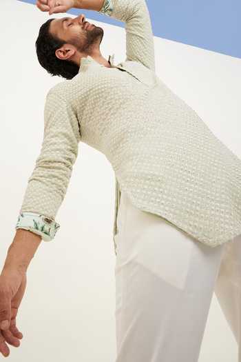 Shop_Arjan Dugal_Green Silk Organza, Cotton, Lycra Embroidery Angular Stripe Kurta With Pant _Online_at_Aza_Fashions