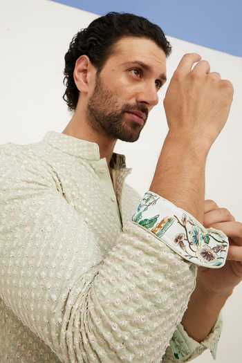 Arjan Dugal_Green Silk Organza, Cotton, Lycra Embroidery Angular Stripe Kurta With Pant _at_Aza_Fashions