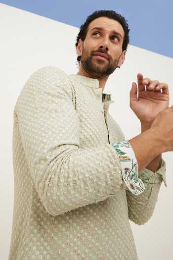 Shop_Arjan Dugal_Green Silk Organza, Cotton, Lycra Embroidery Angular Stripe Kurta With Pant _at_Aza_Fashions