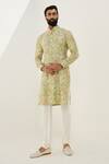 Buy_Arjan Dugal_Green Silk, Silk, Embroidery Garden Print Kurta With Churidar _at_Aza_Fashions