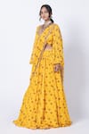 KYROSS_Yellow Saree Georgette Printed Floral Butta Notched Lehenga With Blouse_Online_at_Aza_Fashions