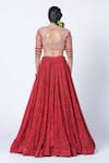 Shop_KYROSS_Red Blouse Tulle Printed Floral Leaf Neck Jaal Lehenga Set_at_Aza_Fashions