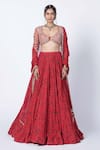 KYROSS_Red Blouse Tulle Printed Floral Leaf Neck Jaal Lehenga Set_Online_at_Aza_Fashions