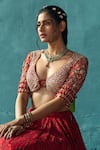 KYROSS_Red Blouse Tulle Printed Floral Leaf Neck Jaal Lehenga Set_at_Aza_Fashions