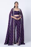 Buy_KYROSS_Purple Top Satin Printed Floral Butta Cape Open And Flared Pant Set_at_Aza_Fashions