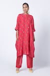 Buy_KYROSS_Red Kaftan Silk Chanderi Printed Flower Jaal Band Collar Shirt And Pant Set _at_Aza_Fashions