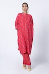 KYROSS_Red Kaftan Silk Chanderi Printed Flower Jaal Band Collar Shirt And Pant Set _Online_at_Aza_Fashions