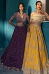 KYROSS_Purple Blouse Silk Chanderi Printed Floral Jaal Plunge V Neck Lehenga Set_Online_at_Aza_Fashions