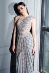 SAMMOHI BY MOKSHA AND HIRAL_Grey Saree  Crepe Silk Hand Embroidered Pre-draped With Blouse _Online_at_Aza_Fashions