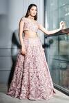 Sammohi By Moksha And Hiral_Pink Silk, Tulle Embroidery Asymmetric Floral Hand Bridal Lehenga Set _Online_at_Aza_Fashions