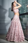 Shop_Sammohi By Moksha And Hiral_Pink Silk, Tulle Embroidery Asymmetric Floral Hand Bridal Lehenga Set _Online_at_Aza_Fashions