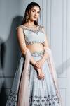 SAMMOHI BY MOKSHA AND HIRAL_Grey Pure Raw Silk Hand Embroidered Crystals Round Blouse Lehenga Set _Online_at_Aza_Fashions