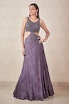 Buy_SAMMOHI BY MOKSHA AND HIRAL_Grey Silk Organza Hand Embroidered Crystals Round Gown _at_Aza_Fashions