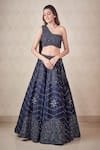 Shop_Sammohi By Moksha And Hiral_Blue Silk, Georgette Crystals One Shoulder Hand Embroidered Blouse And Lehenga Set _at_Aza_Fashions