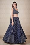 Sammohi By Moksha And Hiral_Blue Silk, Georgette Crystals One Shoulder Hand Embroidered Blouse And Lehenga Set _Online_at_Aza_Fashions
