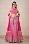 Buy_SAMMOHI BY MOKSHA AND HIRAL_Pink Dupion Silk Hand Embroidered Sequins Halter Lehenga Set _at_Aza_Fashions