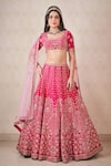 Buy_Sammohi By Moksha And Hiral_Pink Silk, Tulle Embroidery, Zari Round Neck Zardosi Blouse Bridal Lehenga Set _at_Aza_Fashions