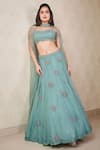 Shop Sammohi By Moksha And Hiral Green Silk Organza, Denim, Tulle Sequins, Beads Embroidered Blouse Lehenga Set at Aza Fashions Shop_Sammohi By Moksha And Hiral_Green Silk Organza, Denim, Tulle Sequins, Beads Embroidered Blouse Lehenga Set _at_Aza_Fashions