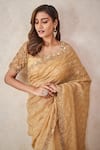 Buy_SAMMOHI BY MOKSHA AND HIRAL_Gold Saree  Silk Organza Hand Embroidered Beads V Neck With Blouse _Online_at_Aza_Fashions