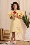 Buy_Casa Ninos_Yellow Linen Feathers, Beads, Fabric Flowers Patchwork Embroidered Dress _at_Aza_Fashions