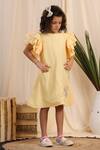Shop_Casa Ninos_Yellow Linen Feathers, Beads, Fabric Flowers Patchwork Embroidered Dress _at_Aza_Fashions