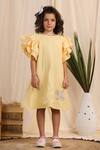 Shop_Casa Ninos_Yellow Linen Feathers, Beads, Fabric Flowers Patchwork Embroidered Dress _Online_at_Aza_Fashions