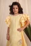 Casa Ninos_Yellow Linen Feathers, Beads, Fabric Flowers Patchwork Embroidered Dress _at_Aza_Fashions