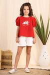 Buy_Casa Ninos_Red Linen Embroidery Puffed Sleeve Top And Shorts Set _at_Aza_Fashions