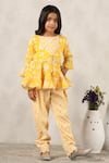 Shop_Casa Ninos_Yellow Muslin Embroidery Zig Zag Print Jacket And Pant Set_Online_at_Aza_Fashions