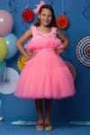 Buy_Casa Ninos_Pink Cotton, Net Sequins, Feathers Embellished Yoke Tiered Dress With Belt _at_Aza_Fashions