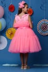 Shop_Casa Ninos_Pink Cotton, Net Sequins, Feathers Embellished Yoke Tiered Dress With Belt _at_Aza_Fashions