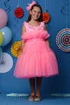 Buy_Casa Ninos_Pink Cotton, Net Sequins, Feathers Embellished Yoke Tiered Dress With Belt _Online_at_Aza_Fashions