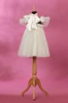 Casa Ninos_Off White Net, Satin Feathers Embellished Dress _Online_at_Aza_Fashions