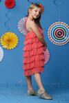 Shop_Casa Ninos_Peach Silk, Cotton, Net Halter Neck Layered Ruffle Dress _at_Aza_Fashions