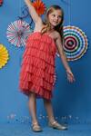 Buy_Casa Ninos_Peach Silk, Cotton, Net Halter Neck Layered Ruffle Dress _Online_at_Aza_Fashions